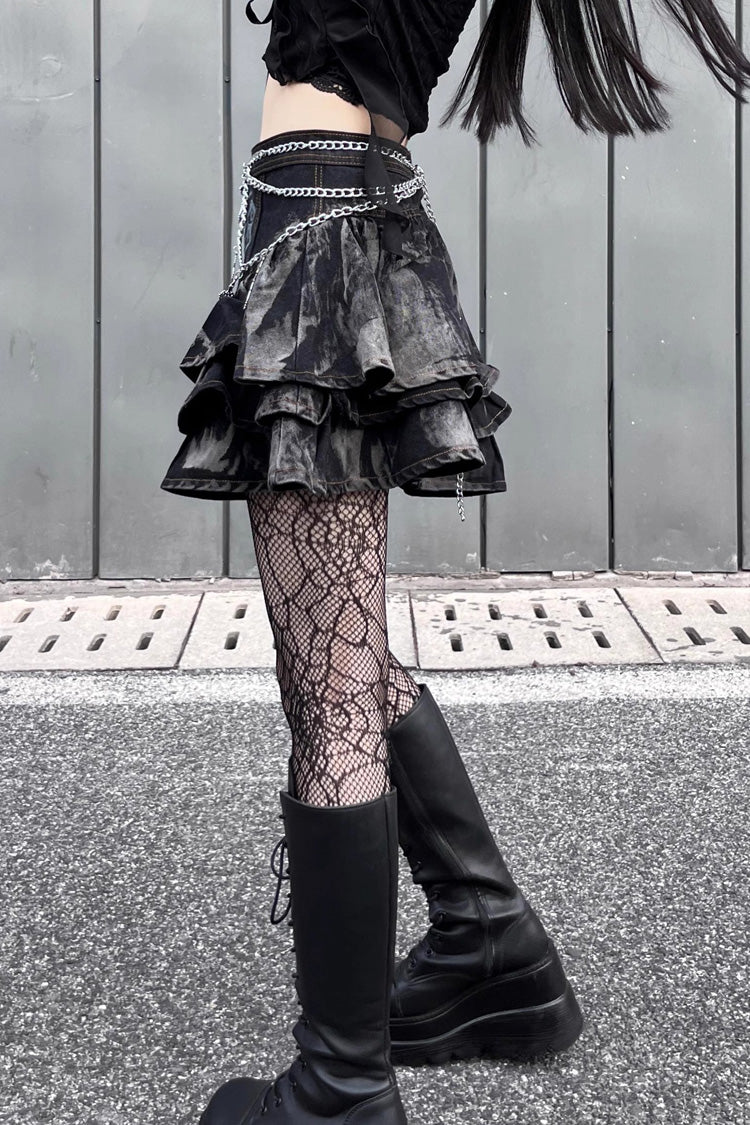 Ruffled Lolita Skirt - High Waisted Print Chain Rock, Black, High Waist, Gothic Style - additional product view 5