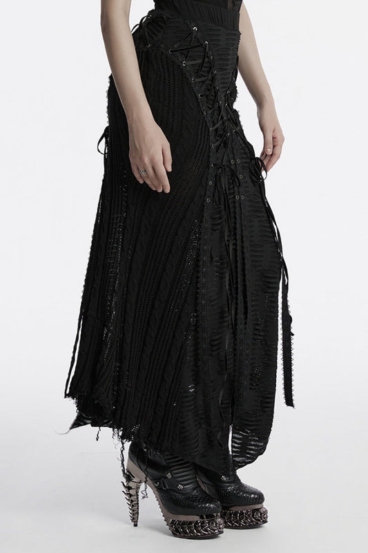 Ruffled Lolita Skirt - Ripped Lace-up, Black, Women's Style, Lace Trim, Gothic Style - additional product view 2