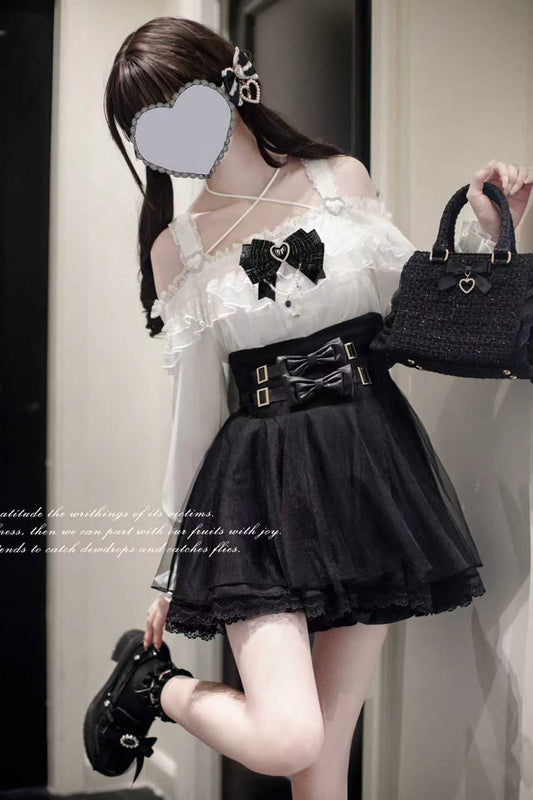 Ruffled Lolita Skirt - Solid Color Bowknot Jirai, Black, Bow Detail, Sweet Style - additional product view 2