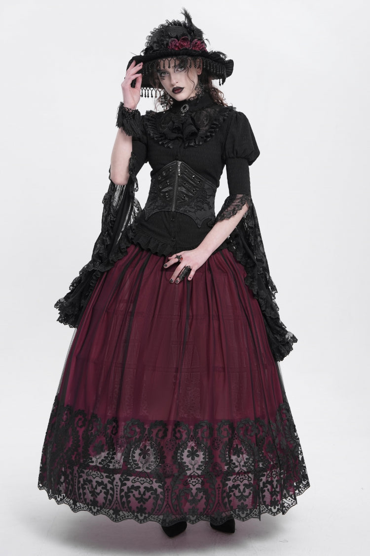 Ruffled Lolita Skirt - Stitching Floral Mesh, Red, Women's Style, Gothic Style - additional product view 14
