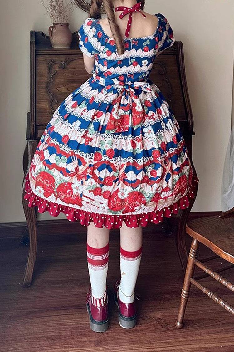 Sweet Lolita Dress - Cream Berry Fairy Red/blue, 2 Colors, Printed, Bow Detail, Ruffled - additional product view 6