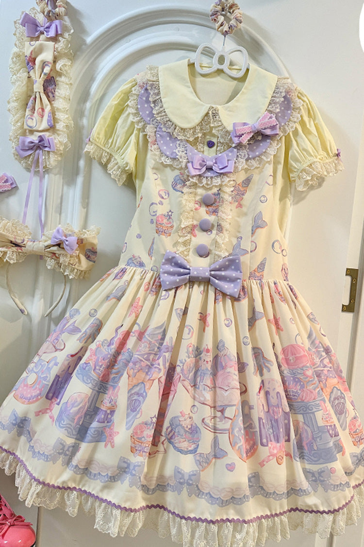Sweet Lolita Dress - Cream Soda Mermaid Print Light, Yellow, Lace Trim, Printed - additional product view 9