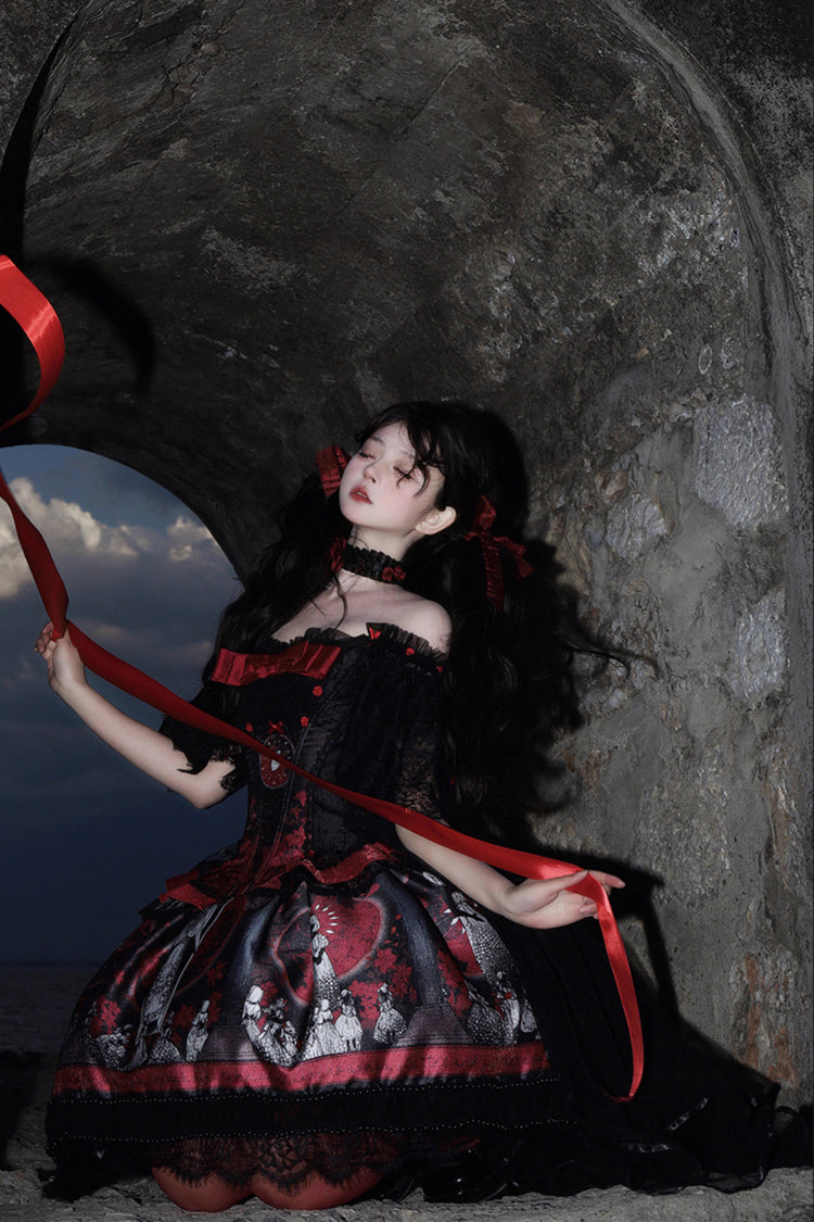 Sweet Lolita Dress - Dark Moon Corridor, Red, Gothic Style, Bow Detail, Printed - additional product view 13