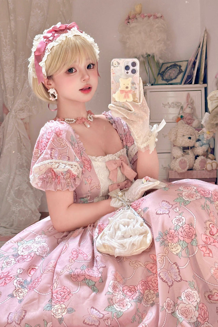 Sweet Lolita Dress - Gem Rose Print, Pink, Puff Sleeves, Plus Size, Printed - additional product view 5