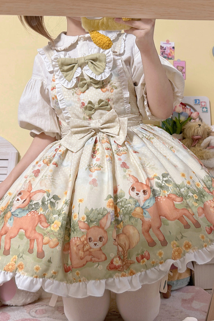 Sweet Lolita Dress - Little Deer Gathering, Multi-Color, Printed, Bow Detail, Ruffled - additional product view 6