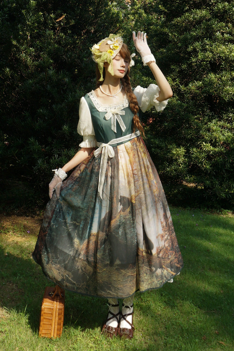 Sweet Lolita Dress - Morning In The Pine Forest, Green, Square Collar, Printed, Bow Detail - additional product view 9