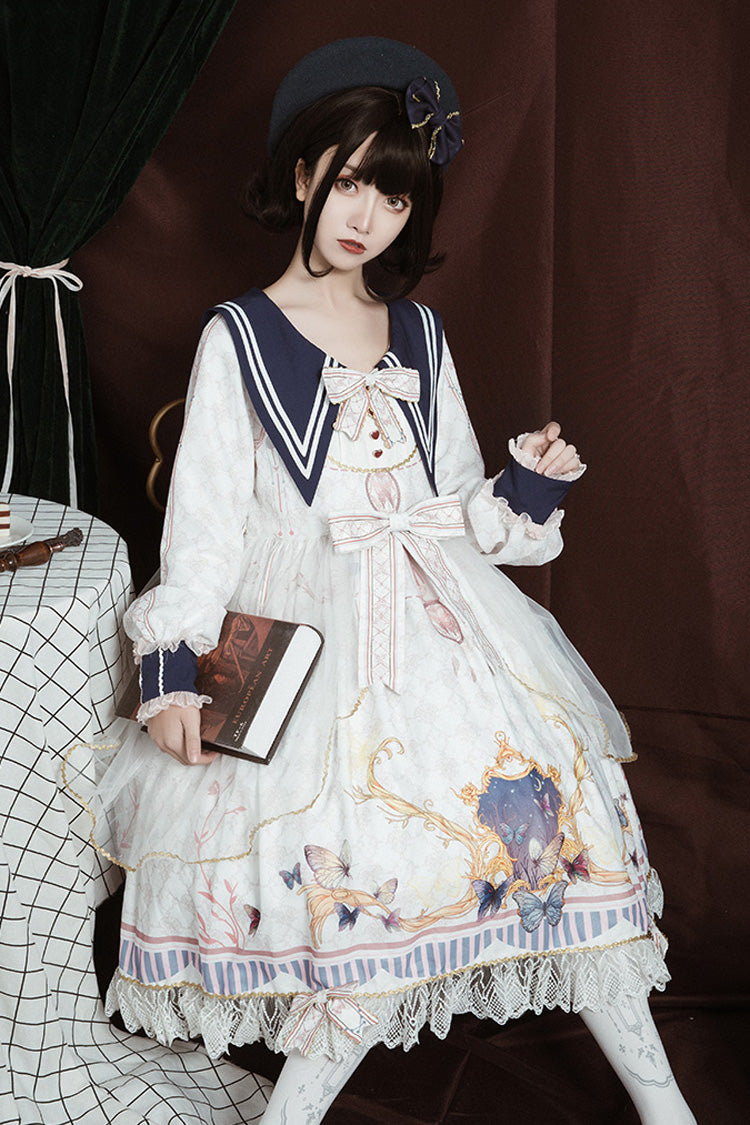 Sweet Lolita Dress - Navy Collar, White, Bow Detail, Ruffled, Printed - additional product view 6