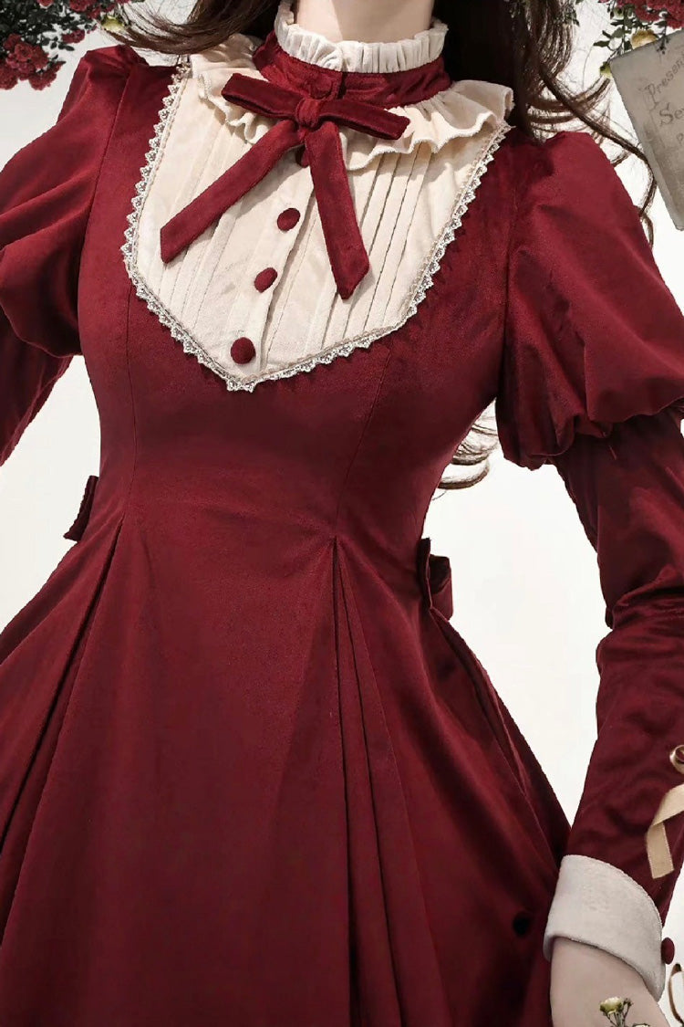 Sweet Lolita Dress - New Year, Red, Stand Collar, Long Sleeves, Classic Style - additional product view 8