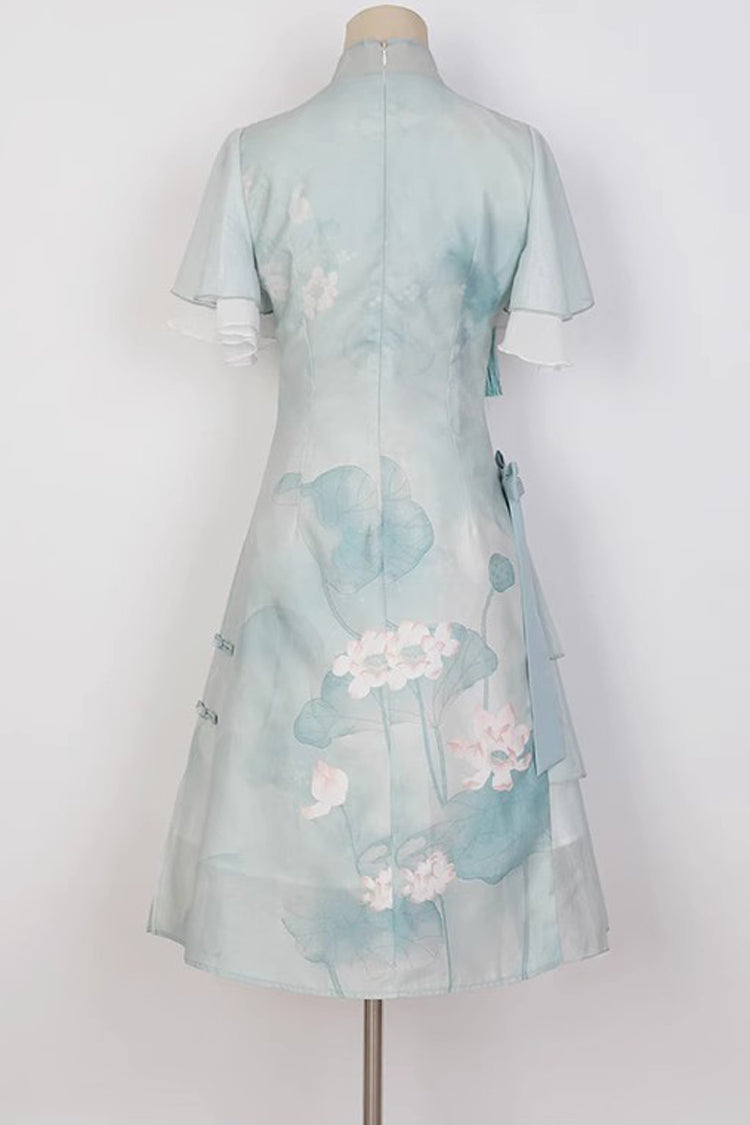 Sweet Lolita Dress - Ruffle Lotus Print Cheongsam, Green, Chinese-Inspired Style, Ruffled - additional product view 7