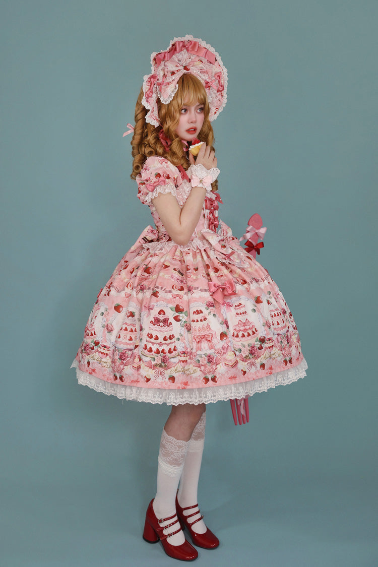 Sweet Lolita Dress - Strawberry Cake Bouquet, 3 Colors, Square Collar, Lace Trim, Printed - additional product view 12