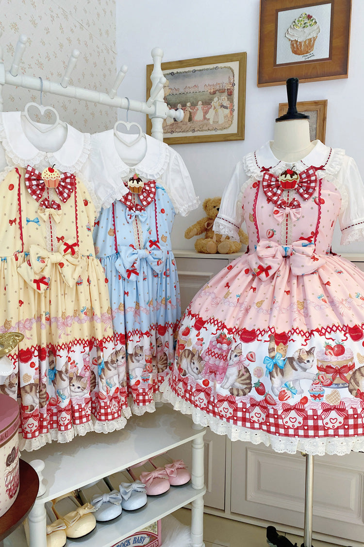 Sweet Lolita Dress - Strawberry Cake Kitty, 3 Colors, Bow Detail, Lace Trim, Printed - additional product view 16