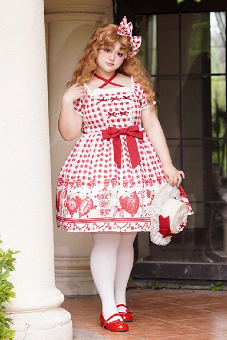 Sweet Lolita Dress - Strawberry Plaid Print Bowknot, Red, Plaid, Plus Size, Printed - additional product view 11