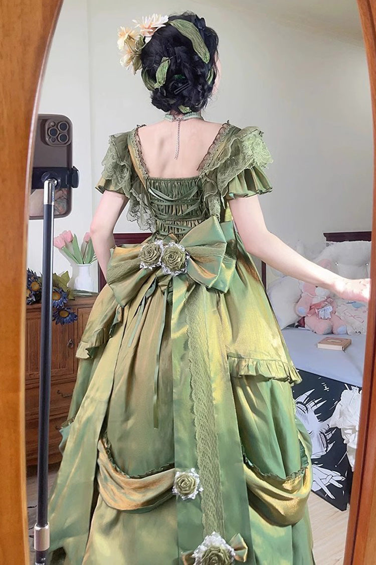 Sweet Lolita Dress - Tana Manor Rose Flower, Green, Long Sleeves, Bow Detail, Ruffled - additional product view 4