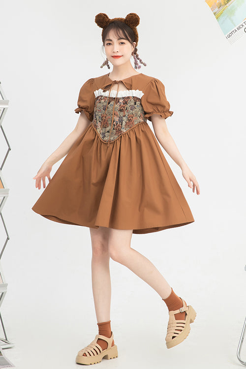 Sweet Lolita Dress - Tie Neck Bear Print Jacquard, Brown, High Waist, Printed - additional product view 3