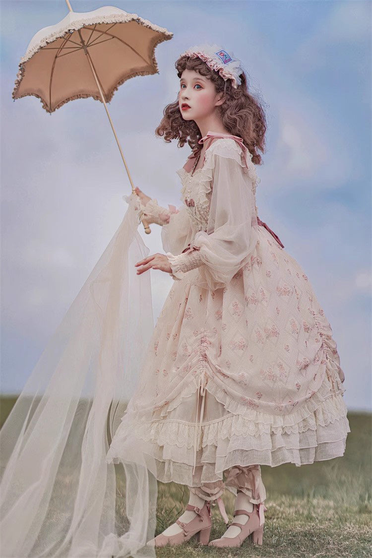 Sweet Lolita Dress - Time Letter Multi-layer Print, Ivory, Long Sleeves, Bow Detail - additional product view 14