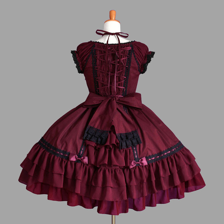Sweet Lolita Dress - Wine, Bow Detail, Lace Trim, Ruffled - Kawaii Statement Dress - additional product view 2