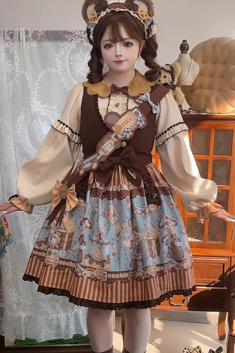 Sweet Lolita JSK - Bear Cookies, 2 Colors, Bow Detail, Ruffled, Printed - additional product view 7