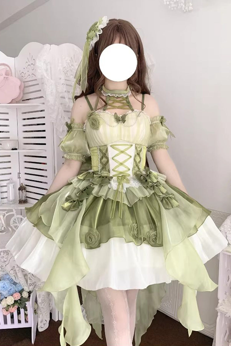 Sweet Lolita JSK - Camellia Covenant, Green, Lace Trim, Ruffled, Lace-Up - additional product view 5