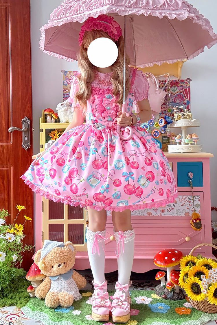 Sweet Lolita JSK - Cherry Sweet Ice, Pink, Printed, Bow Detail, Lace Trim - additional product view 5