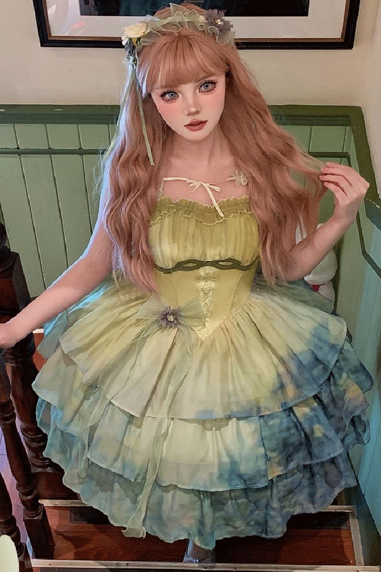 Sweet Lolita JSK - Gradient The Forty-fourth Sunset, Green, Bow Detail, Ruffled, Layered - additional product view 4