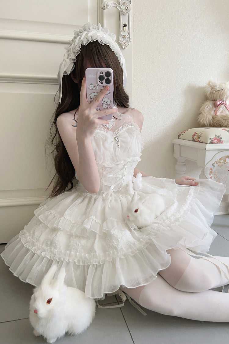 Sweet Lolita JSK - Halterneck Triple-layered, White, Lace Trim, Bow Detail - additional product view 7