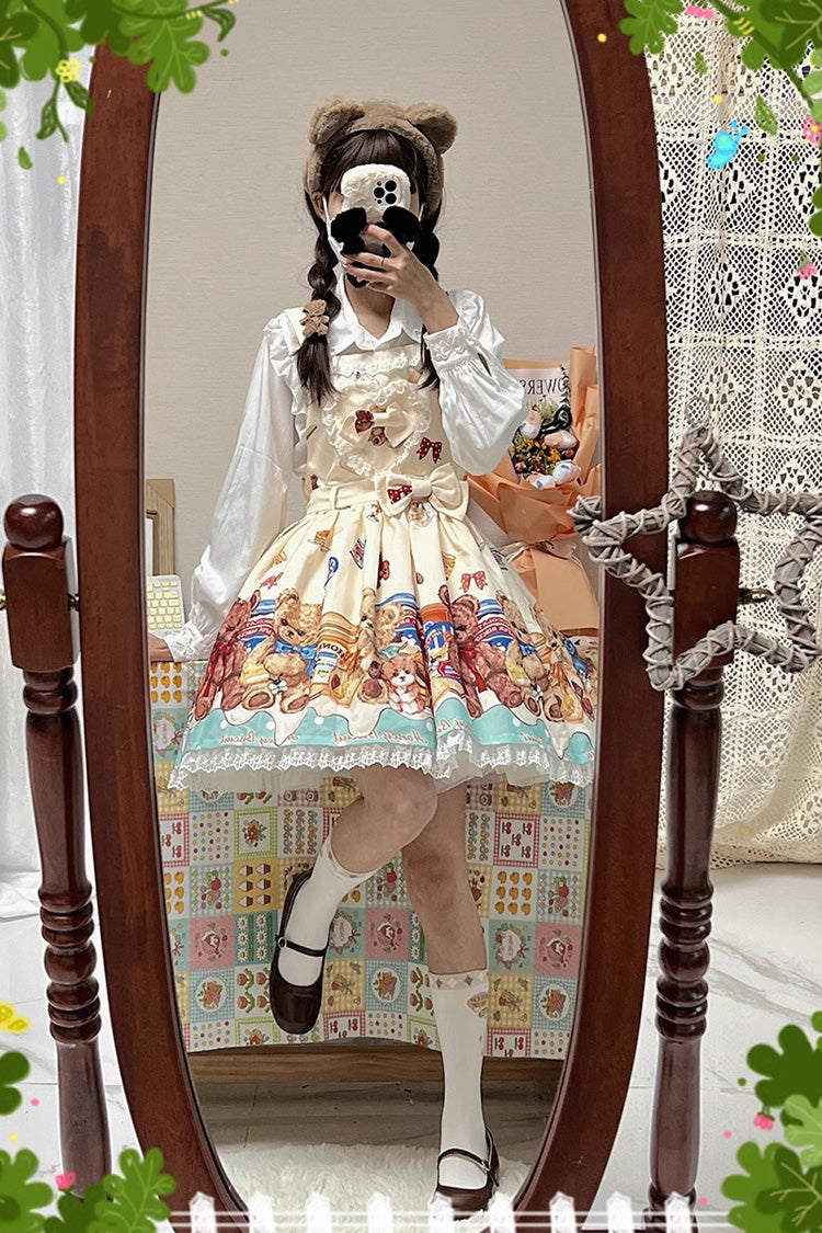 Sweet Lolita JSK - Honey Bear Cafe Print, 2 Colors, Bow Detail, Lace Trim, Printed - additional product view 8