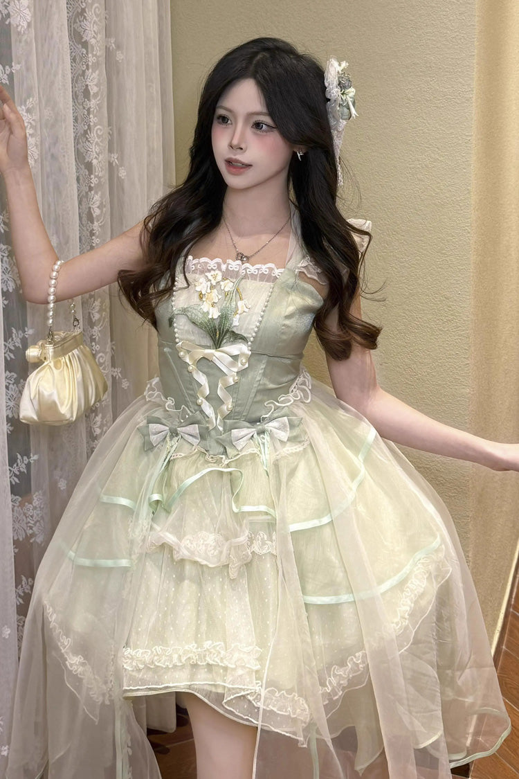Sweet Lolita JSK - Lily Of The Valley Summer, Green, Lace Trim, Ruffled, Printed - additional product view 6