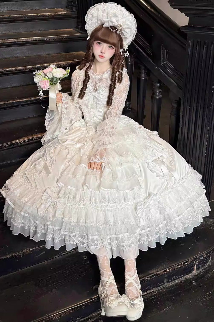 Sweet Lolita JSK - Ode Of The Curtain, White, Layered, Lace-Up, Bow Detail - additional product view 6