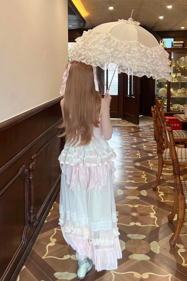 Sweet Lolita JSK - Pink/green Summer Garden, 2 Colors, Long Length, Bow Detail, Lace Trim - additional product view 9