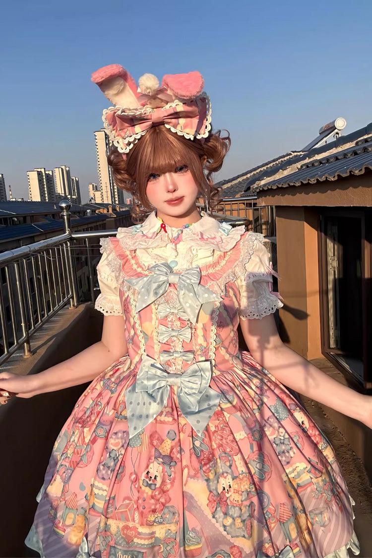 Sweet Lolita JSK - Rainbow Buffy Bunny, Pink, Bow Detail, Ruffled, Printed - additional product view 5