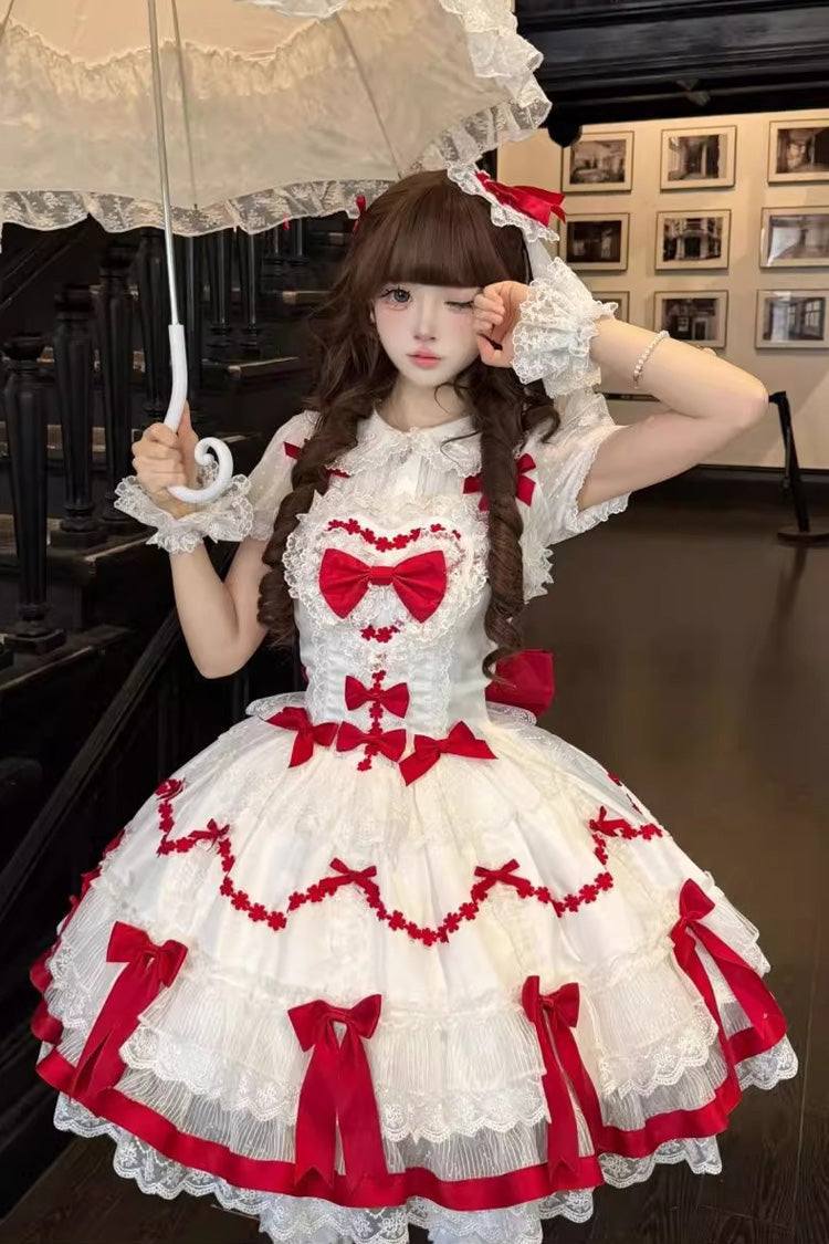 Sweet Lolita JSK - Scarlet Heart Cocoa, 2 Colors, Bow Detail, Lace Trim, Ruffled - additional product view 5