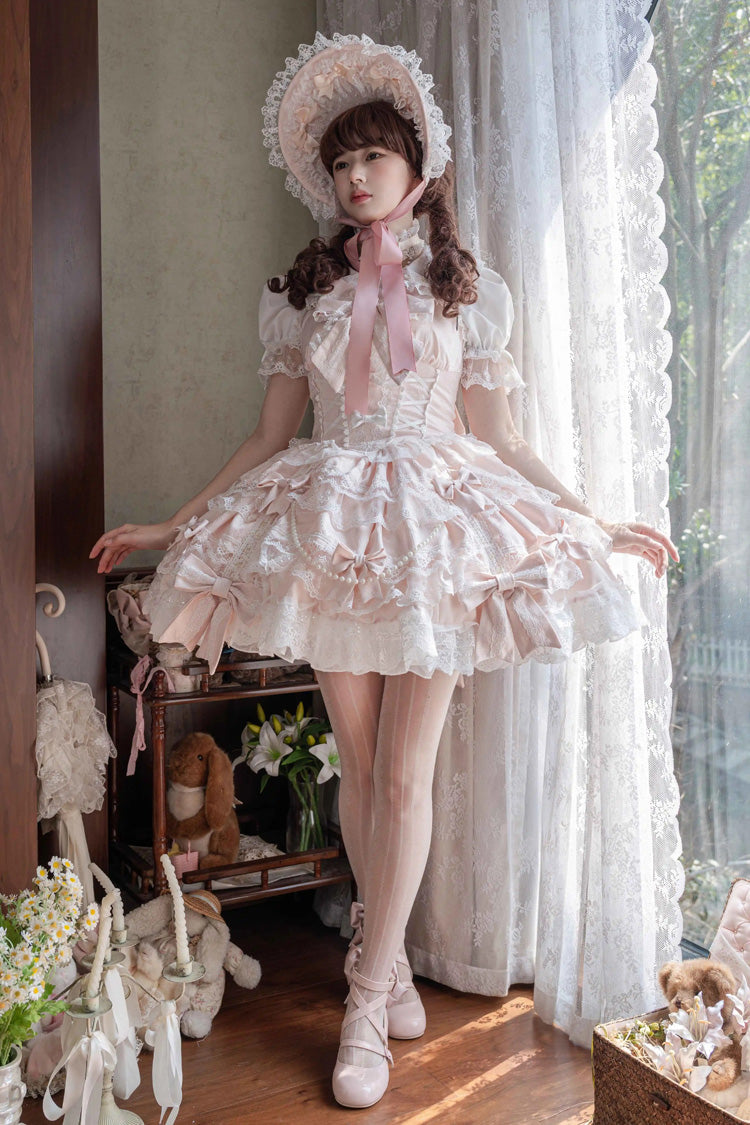 Sweet Lolita JSK - Small Cakes, Pink, Layered, Bow Detail, Lace Trim - additional product view 3