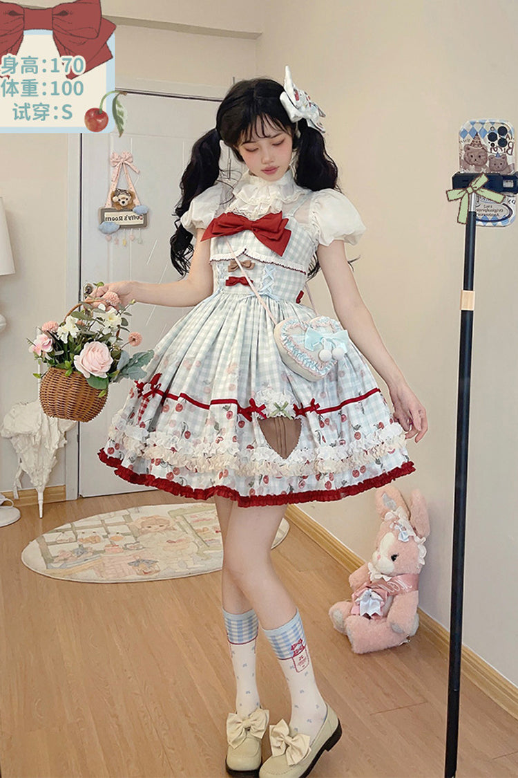 Sweet Lolita JSK - South City Cherry Shop, Blue, Plaid, Printed, Bow Detail - additional product view 8