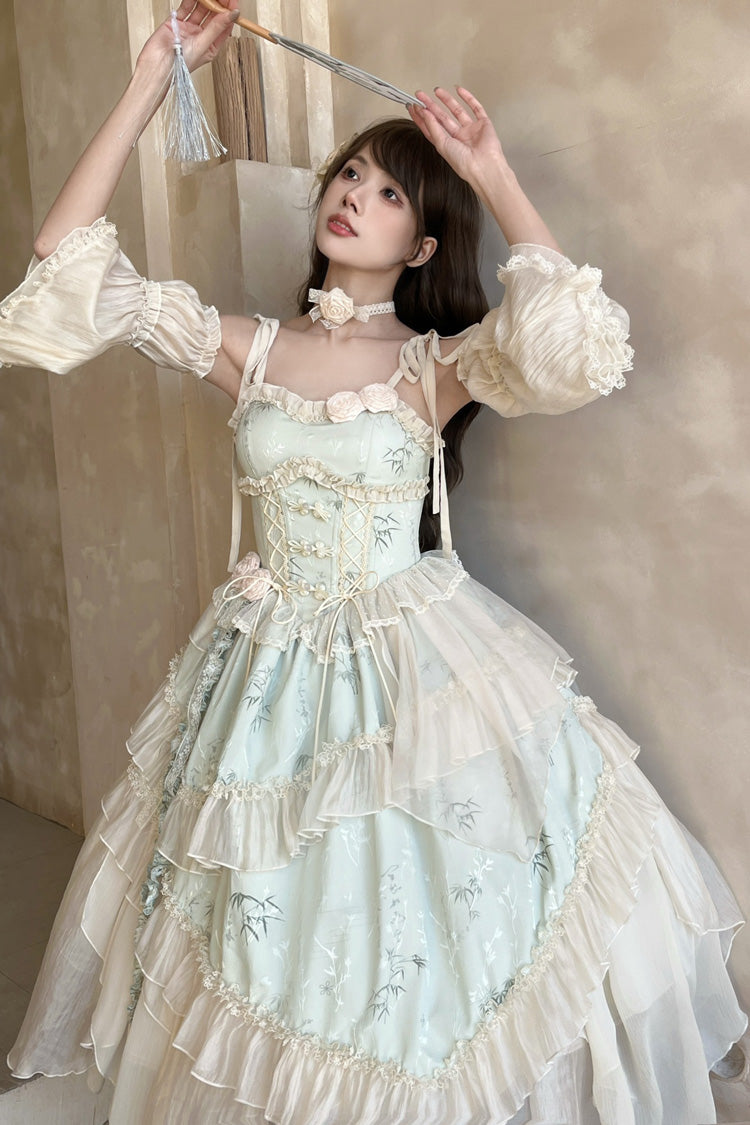 Sweet Lolita JSK - Tea Bamboo Song, Green, Long Version, Detachable Detail, Long Length - additional product view 14