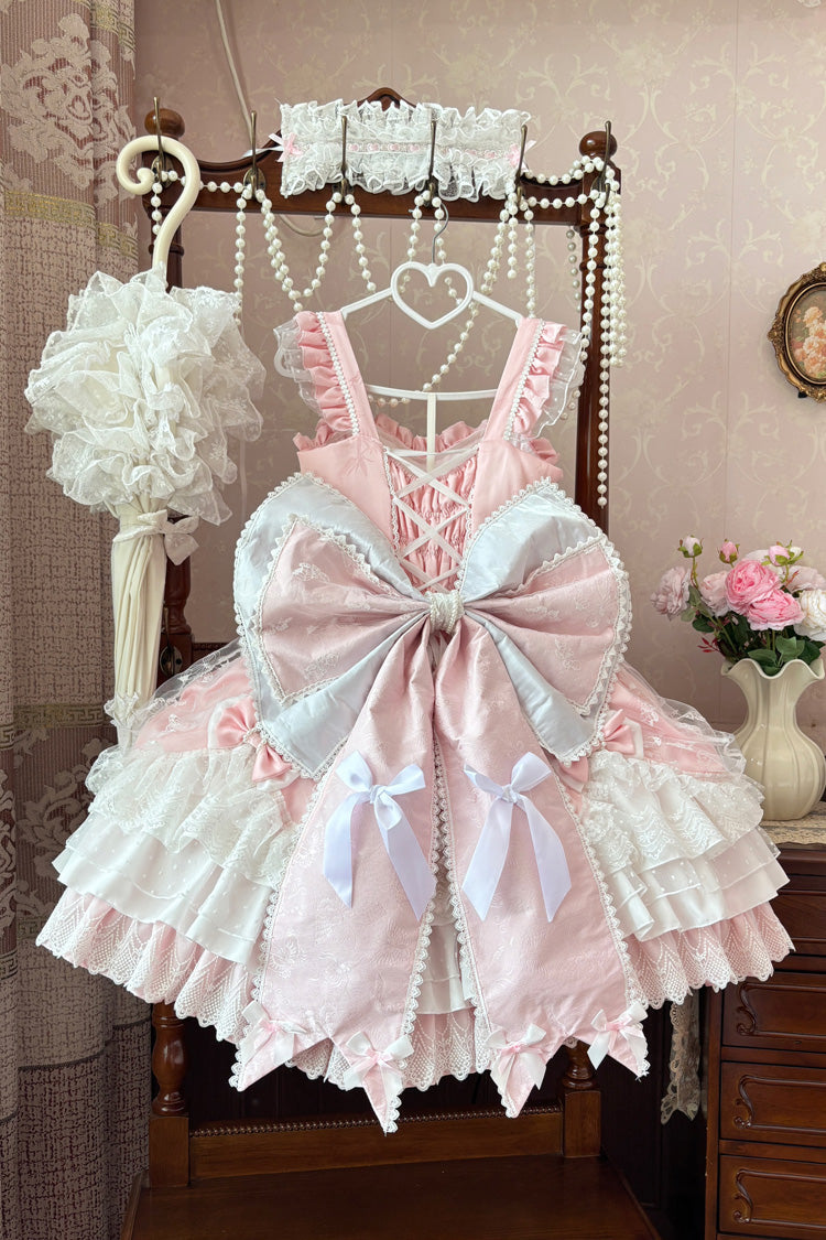 Sweet Lolita JSK - Triple-layered Ruffle Embroidery, Pink, Plus Size, Lace-Up, Bow Detail - additional product view 3