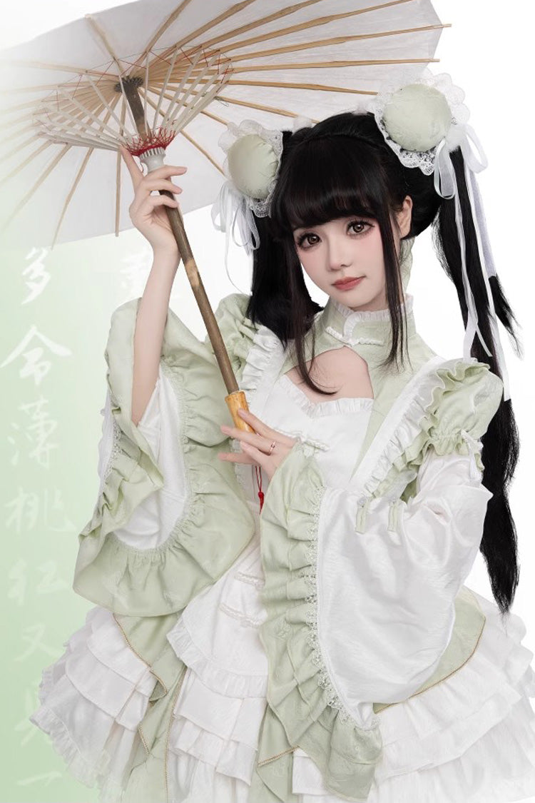 Sweet Lolita JSK - Trumpet Ruffle Bowknot Lace, Green, Bow Detail, Lace Trim, Ruffled - additional product view 6