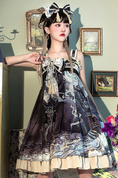 Sweet Lolita JSK - Wave Print, Purple, Bow Detail, Ruffled, Printed - additional product view 3