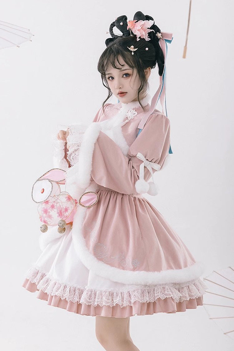 Sweet Lolita JSK - White/pink, 2 Colors, Ruffled, Chinese-Inspired Style - additional product view 8