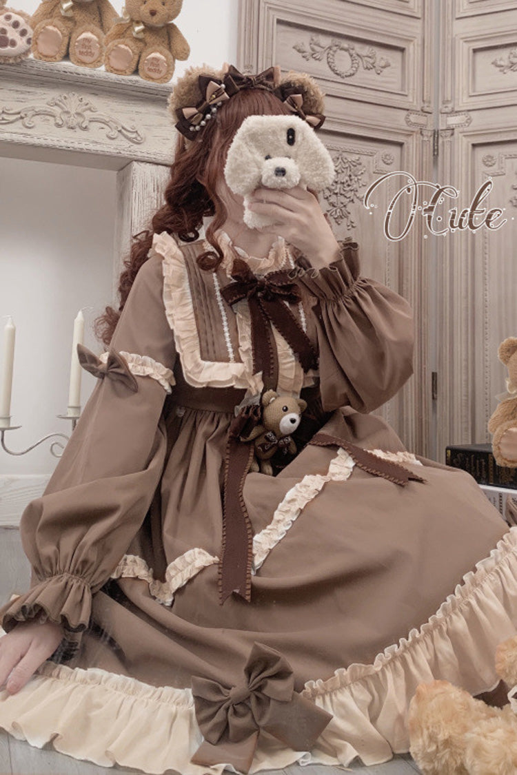 Sweet Lolita OP Dress - Caramel Teddy Bear Round Collar, Brown, Ruffled, Long Sleeves - additional product view 4