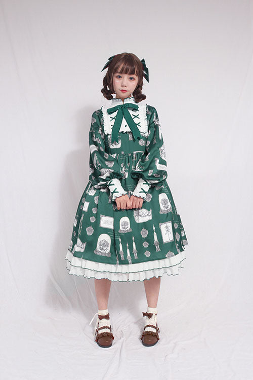 Sweet Lolita OP Dress - Christian Pious Duck Print, 2 Colors, Printed, Long Sleeves - S Green / M Green / L Green option