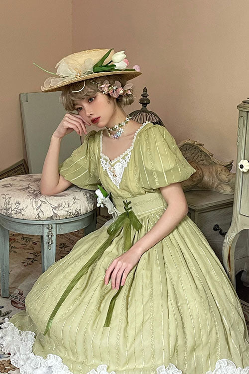 Sweet Lolita OP Dress - Elegant Vintage Square Collar, Green, Square Collar, Classic Style - additional product view 6