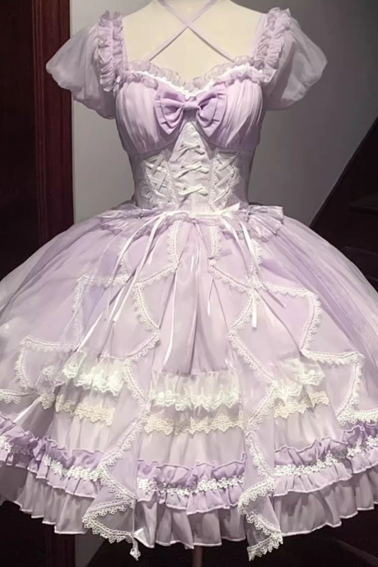 Sweet Lolita OP Dress - Glaze Fantasy, 6 Colors, Embroidered, Bow Detail, Ruffled - S Purple / M Purple / L Purple option