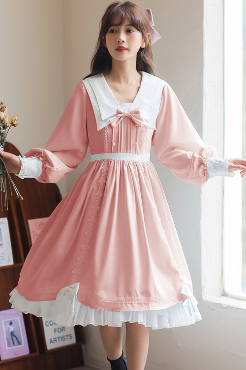 Sweet Lolita OP Dress - Lapel Collar Lantern Sleeves, 2 Colors, High Waist, Bow Detail - S Pink / M Pink / L Pink option