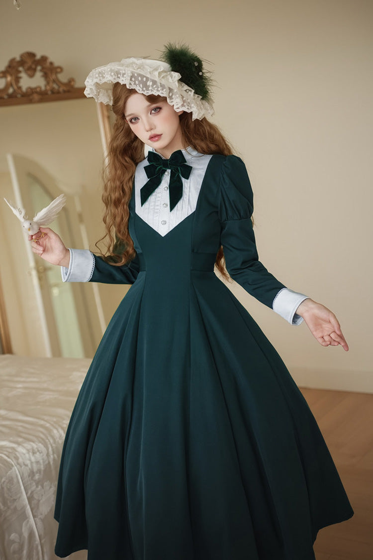 Sweet Lolita OP Dress - Miss Donya, Green, Stand Collar, Gothic Style, Bow Detail - additional product view 5