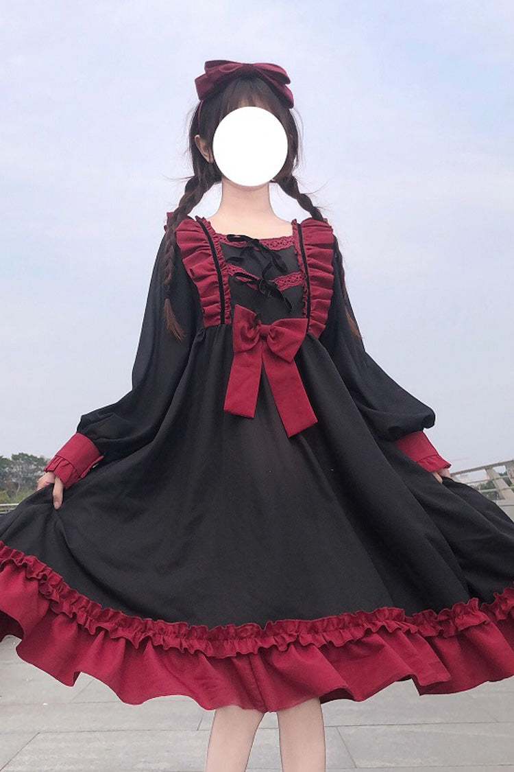 Sweet Lolita OP Dress - Waist Bow Ruffled, 2 Colors, Bow Detail, Long Sleeves - One Size Red option