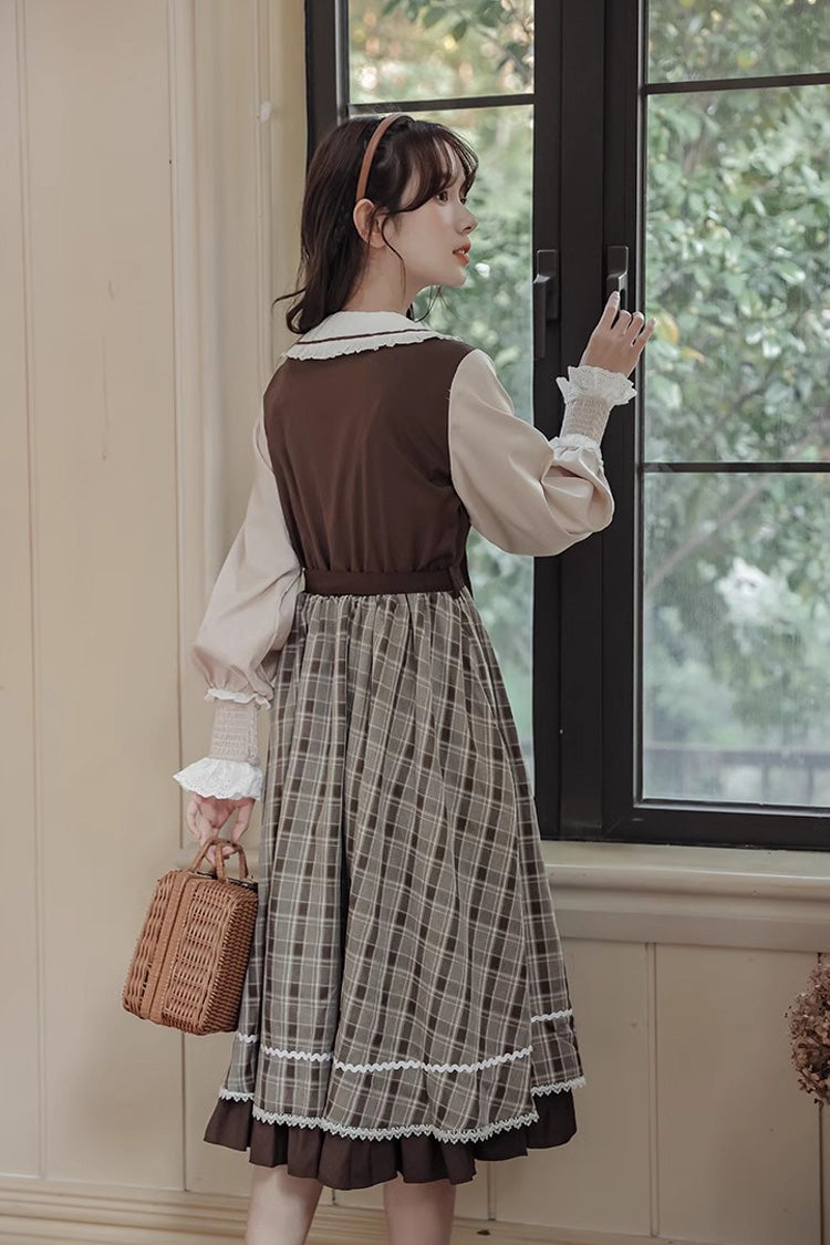 Sweet Lolita OP Dress - White/brown Campus Style Doll, 2 Colors, Plaid - additional product view 6