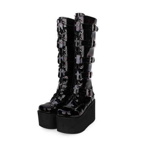Sweet Lolita Platform Boots - Cross Patent Leather Lace, Black, Lace Trim, Lace-Up - 33 Black / 34 Black / 35 Black option