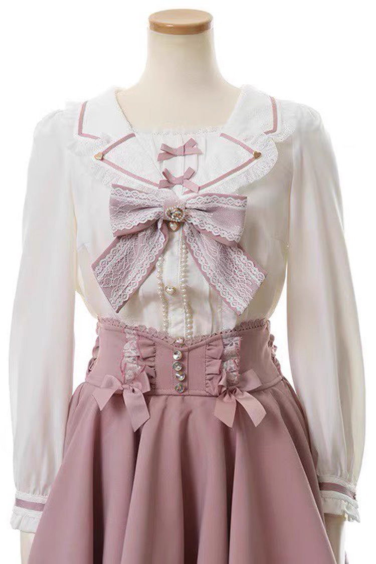 Victorian Lolita Blouse - Navy Collar, 2 Colors, Bow Detail, Lace Trim, Long Sleeves - additional product view 7