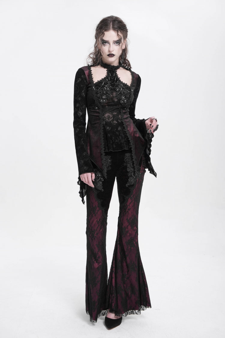 Victorian Lolita Blouse - Trumpet Jacquard Cutout, Red, Women's Style, Long Sleeves - additional product view 13
