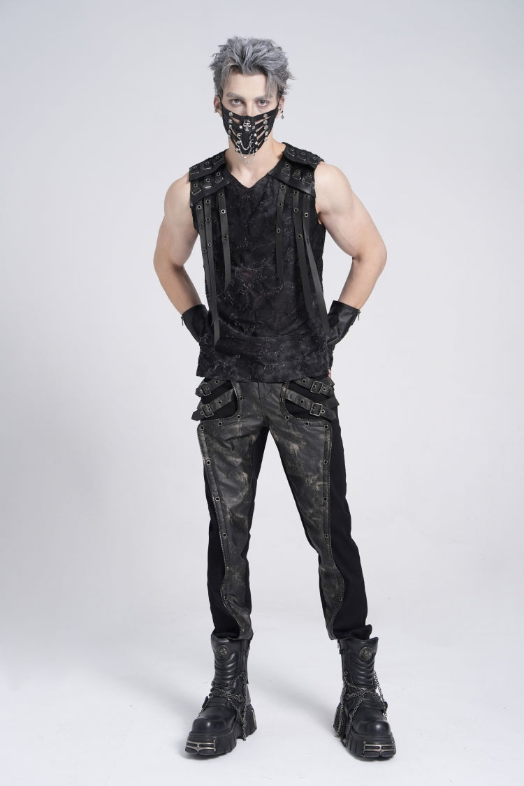 Black Sleeveless Eyelet Strap Distressed Men's Gothic Vest